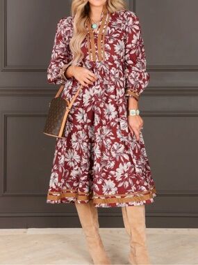 JODIFL Burgundy Floral Midi Dress with White Bloom Print